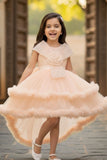 Peach Layered High-Low Party Frock With Tailback For Girls
