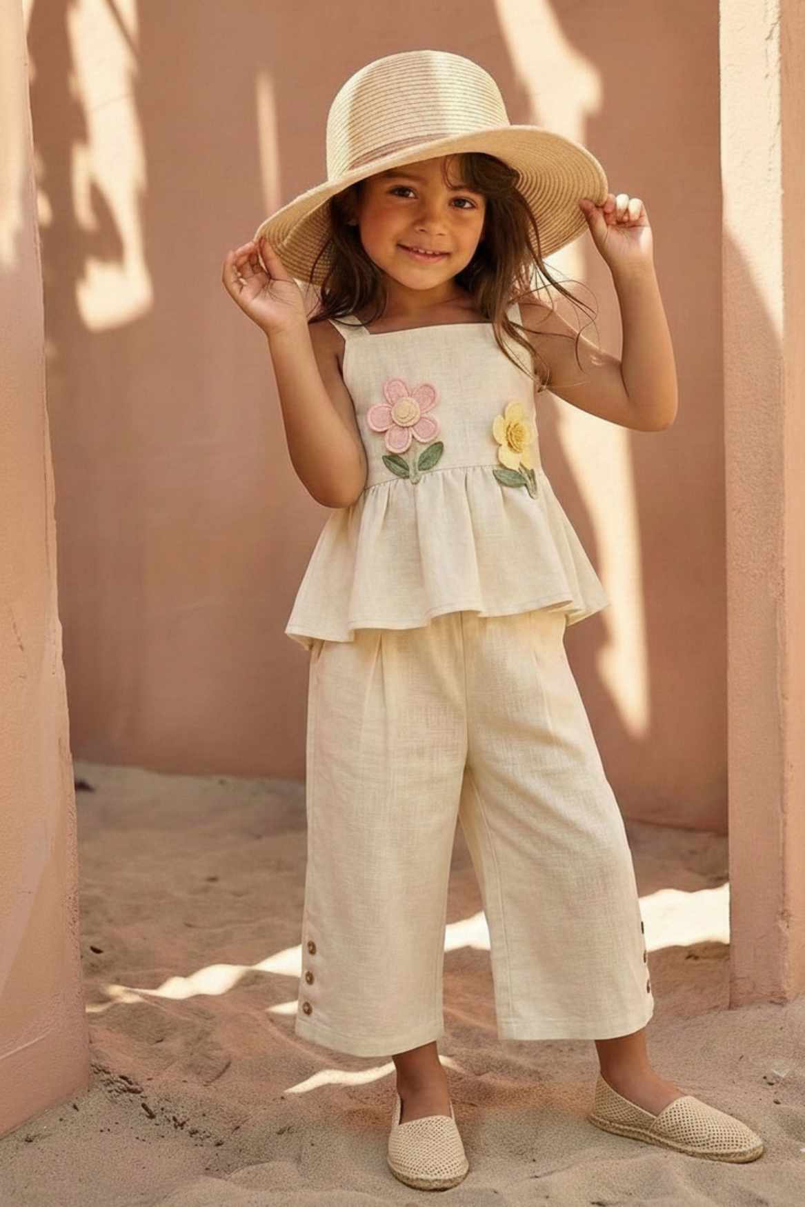 Cream Floral Appliqué And Palazzo Set For Girls