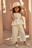 Cream Floral Appliqué And Palazzo Set For Girls