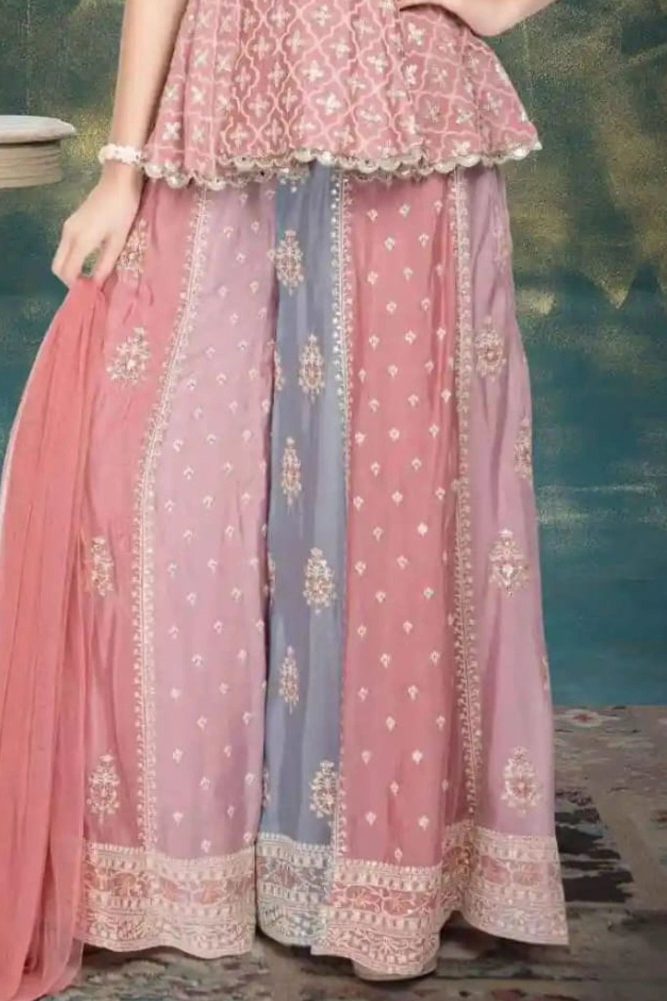 Multicolor Embroidered Palazzo Set with Dupatta For Girls
