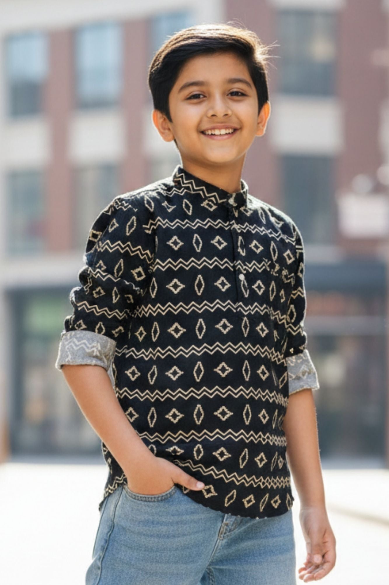 Black Printed Shirt with Mandarin Collar for Boys