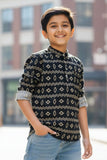 Black Printed Shirt with Mandarin Collar for Boys