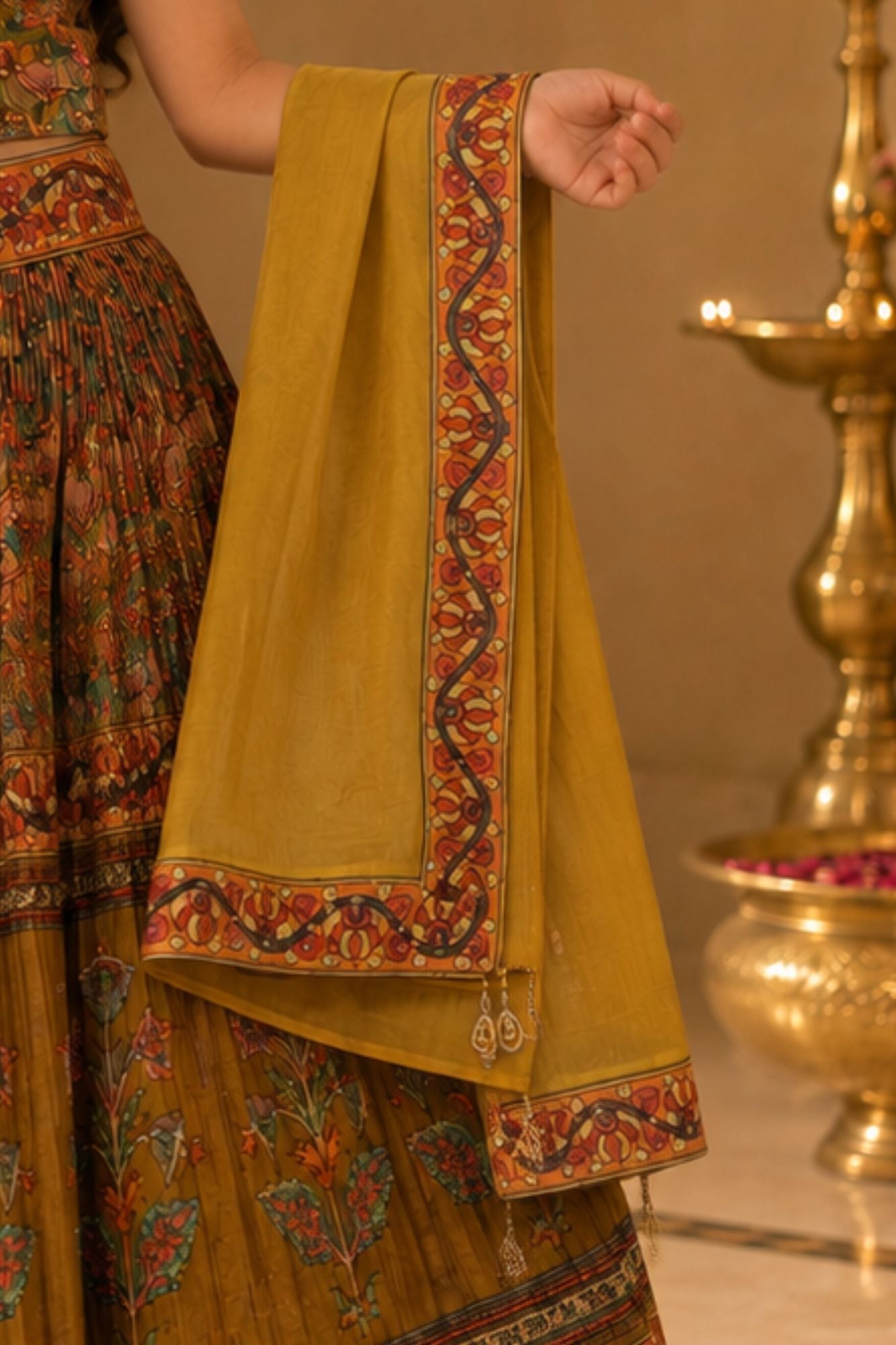 Fawn Floral Printed Lehenga Choli Set with Dupatta