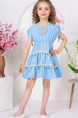 Light Blue Pom-Pom Cotton Frock with Embroidered Yoke For Girls