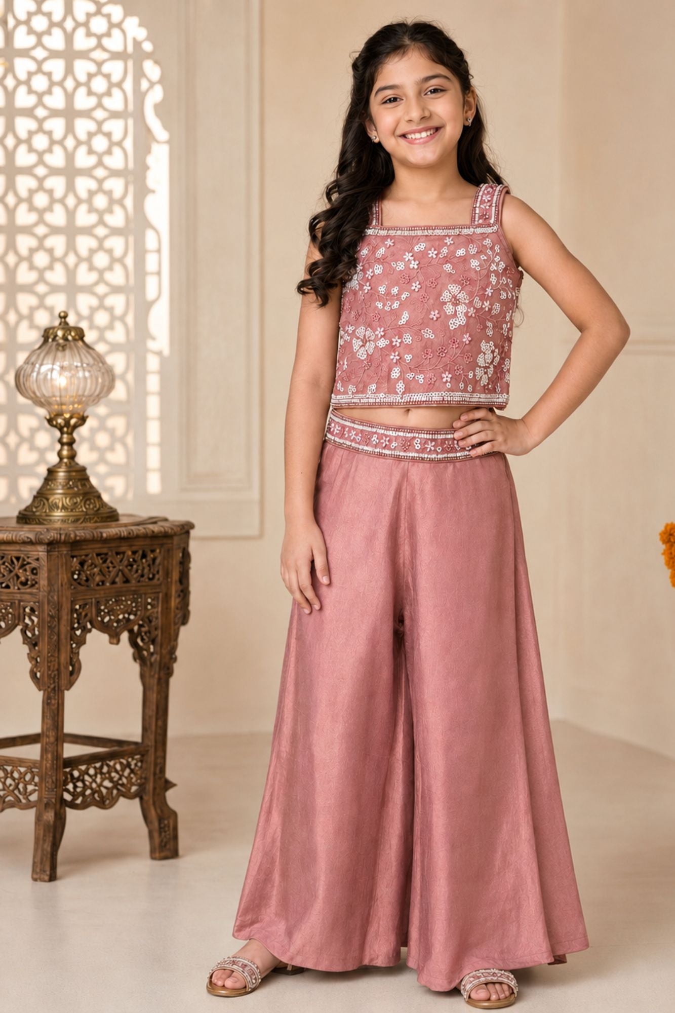 Blush Pink Floral Motif Sequined Crop Top with Palazzo Set and Dupatta