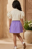 Girls Cream Floral Embroidered Top with Purple Skorts Set