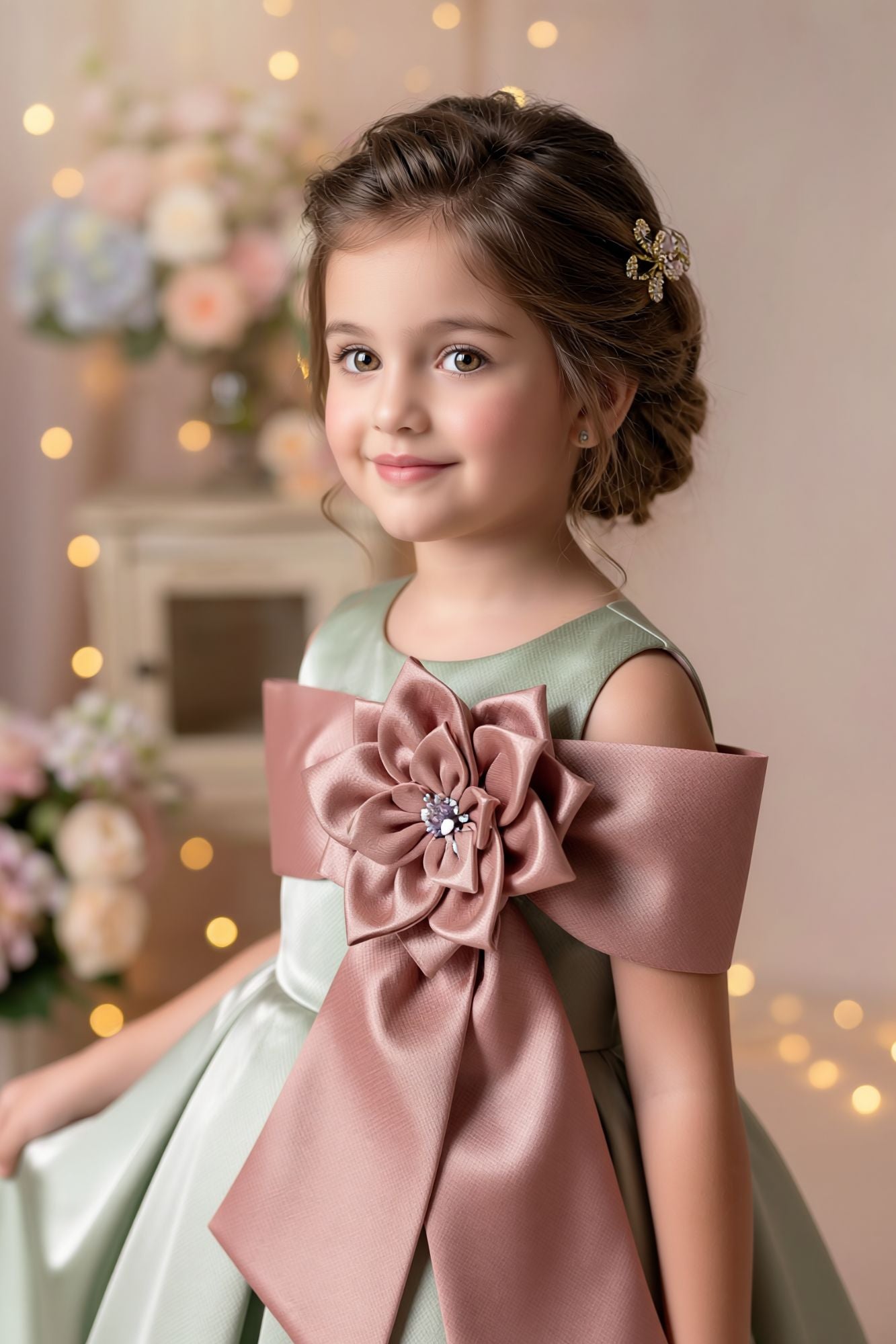 Girls Sage Green Satin Party Dress with Oversized Bow - 6-12M(16) Girls Sage Green Satin Party Dress with Oversized Bow - 6-12M(16)