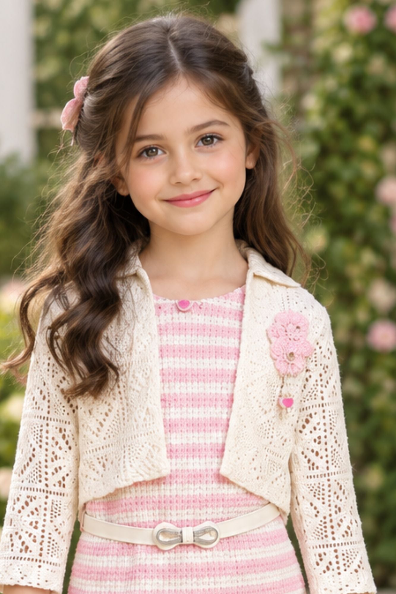 Girls Pink And White Striped Sleeveless Dress With White Textured Shrug