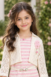 Girls Pink And White Striped Sleeveless Dress With White Textured Shrug