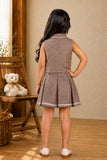 Girls Brown Floral Print Pleated Skirt Set with Peter Pan Collar Top And Tassel Charm