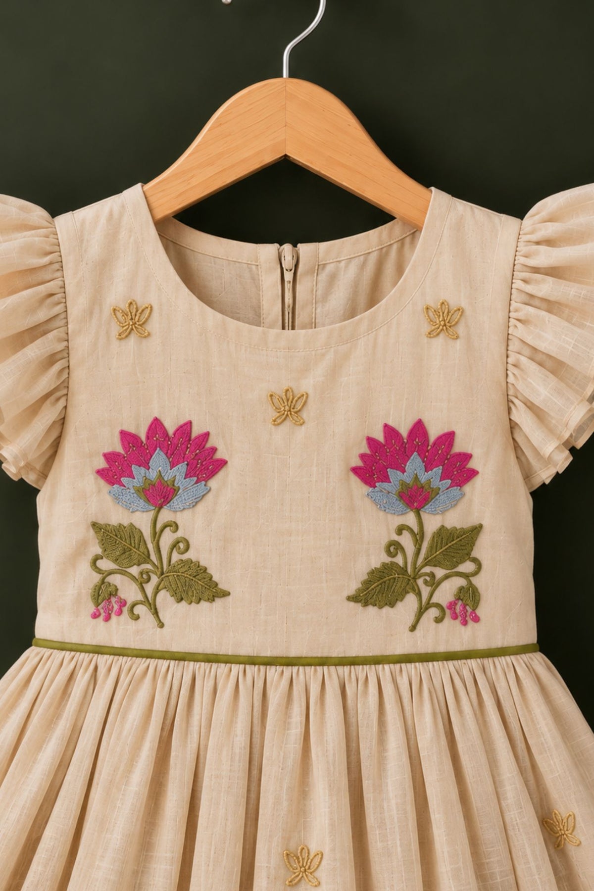 Fawn Floral Embroidered Ruffle Sleeve Flared Dress For Girls