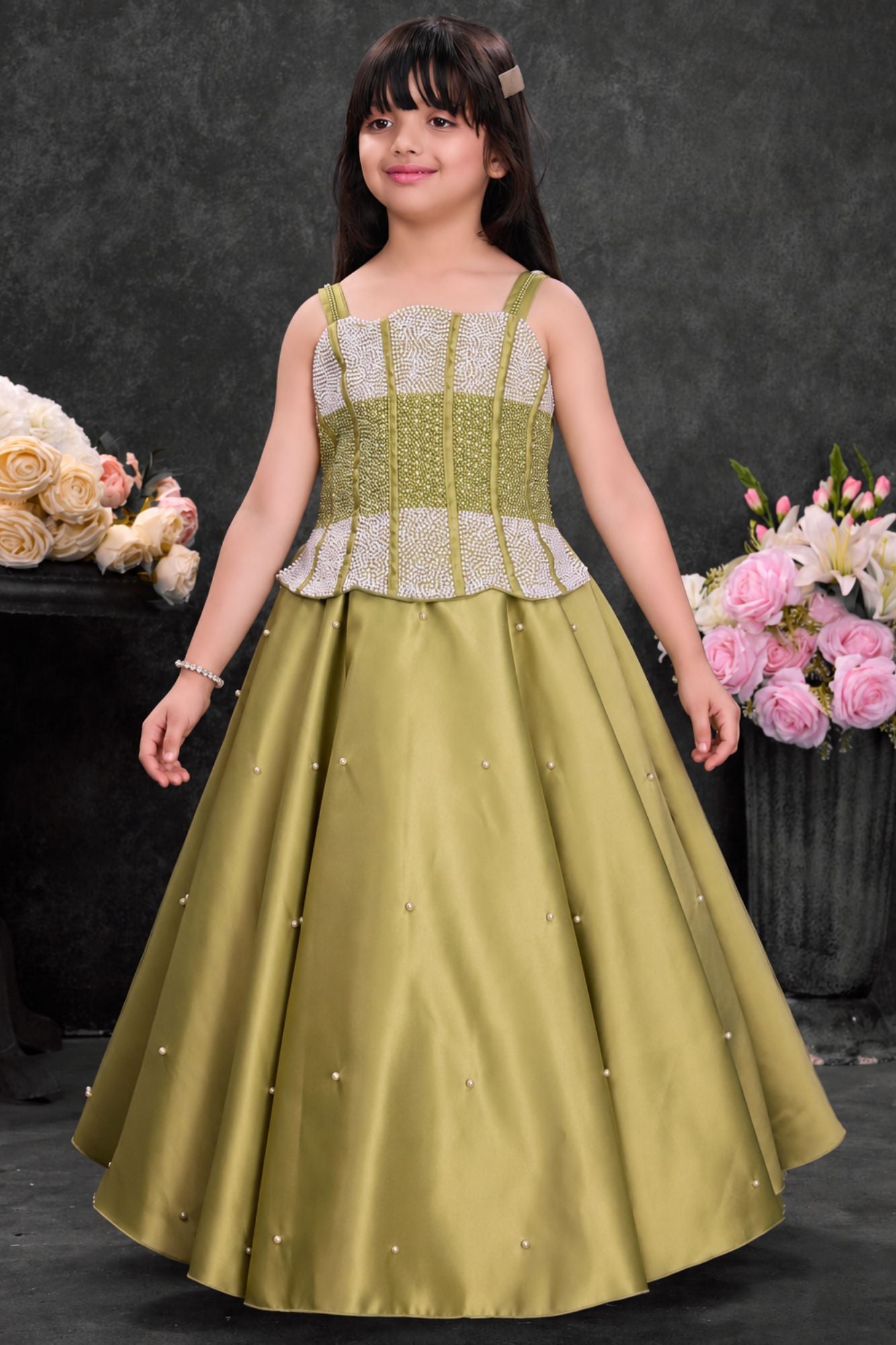 Olive Green Embellished Party Wear Gown for Girls