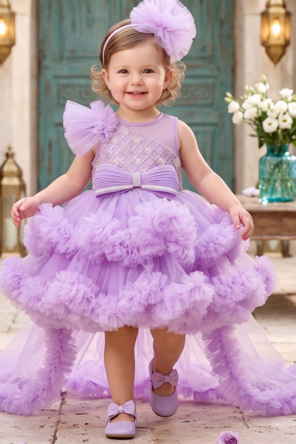 Girls Lavender Floral Net High-Low Party Frock