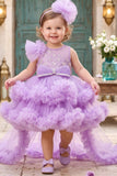 Girls Lavender Floral Net High-Low Party Frock