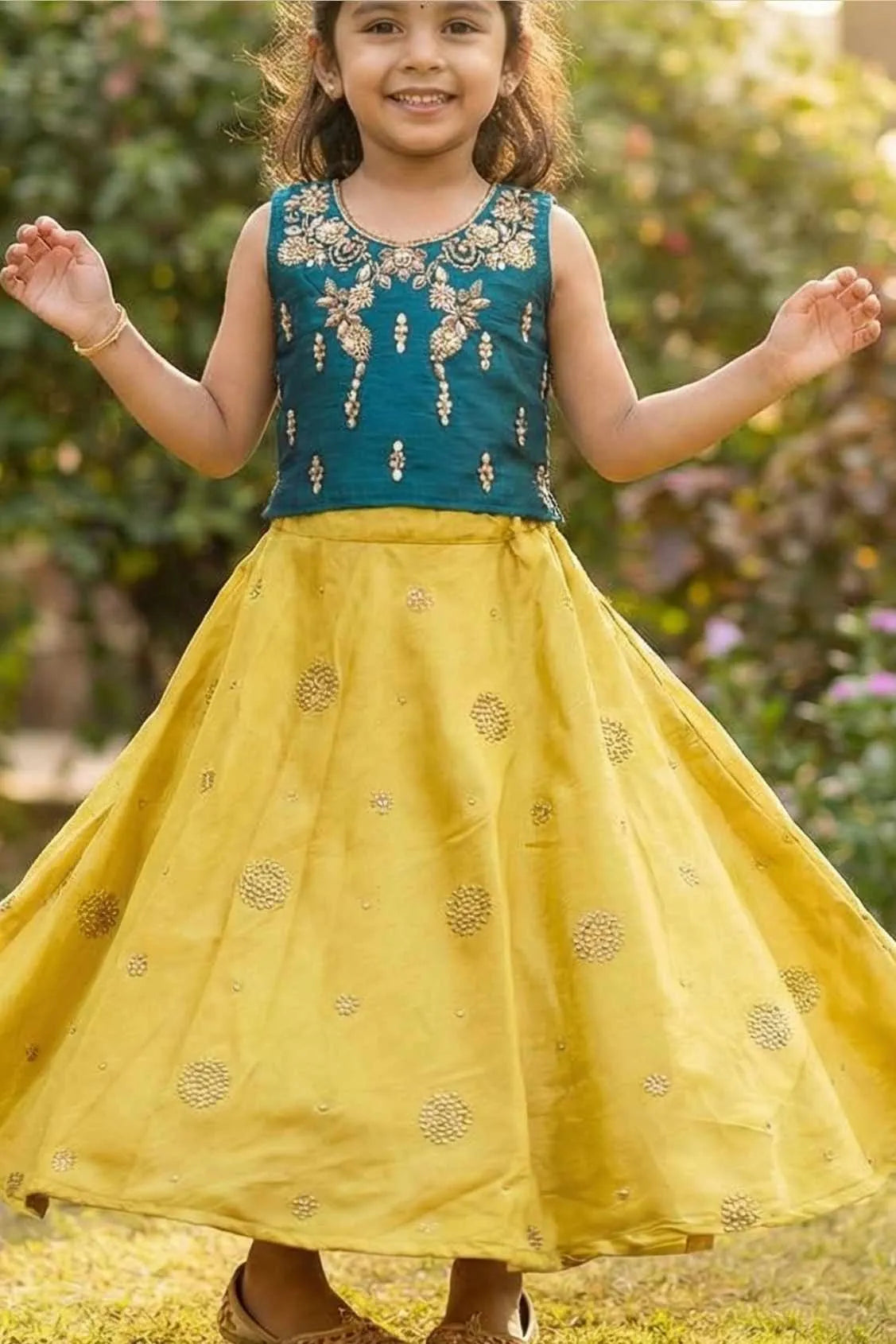 Teal Green Sequinned Lehenga Choli For Girls