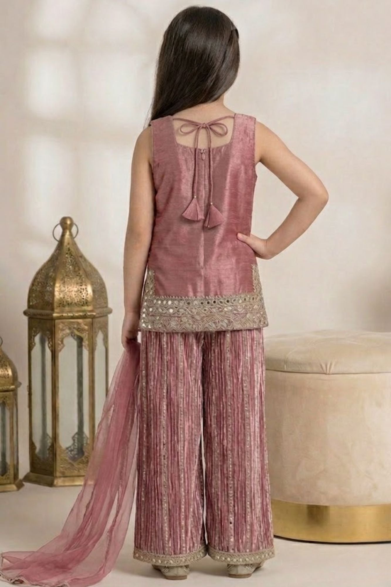 Dusty Pink Designer Embroidered Palazzo Set For Girls