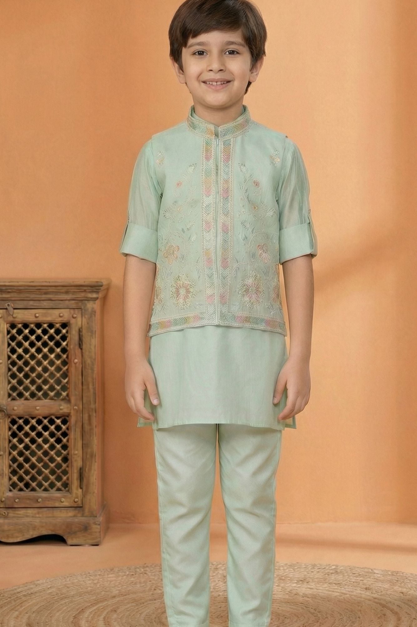 Pista Embroidered Kurta Set with Nehru Jacket For Boys