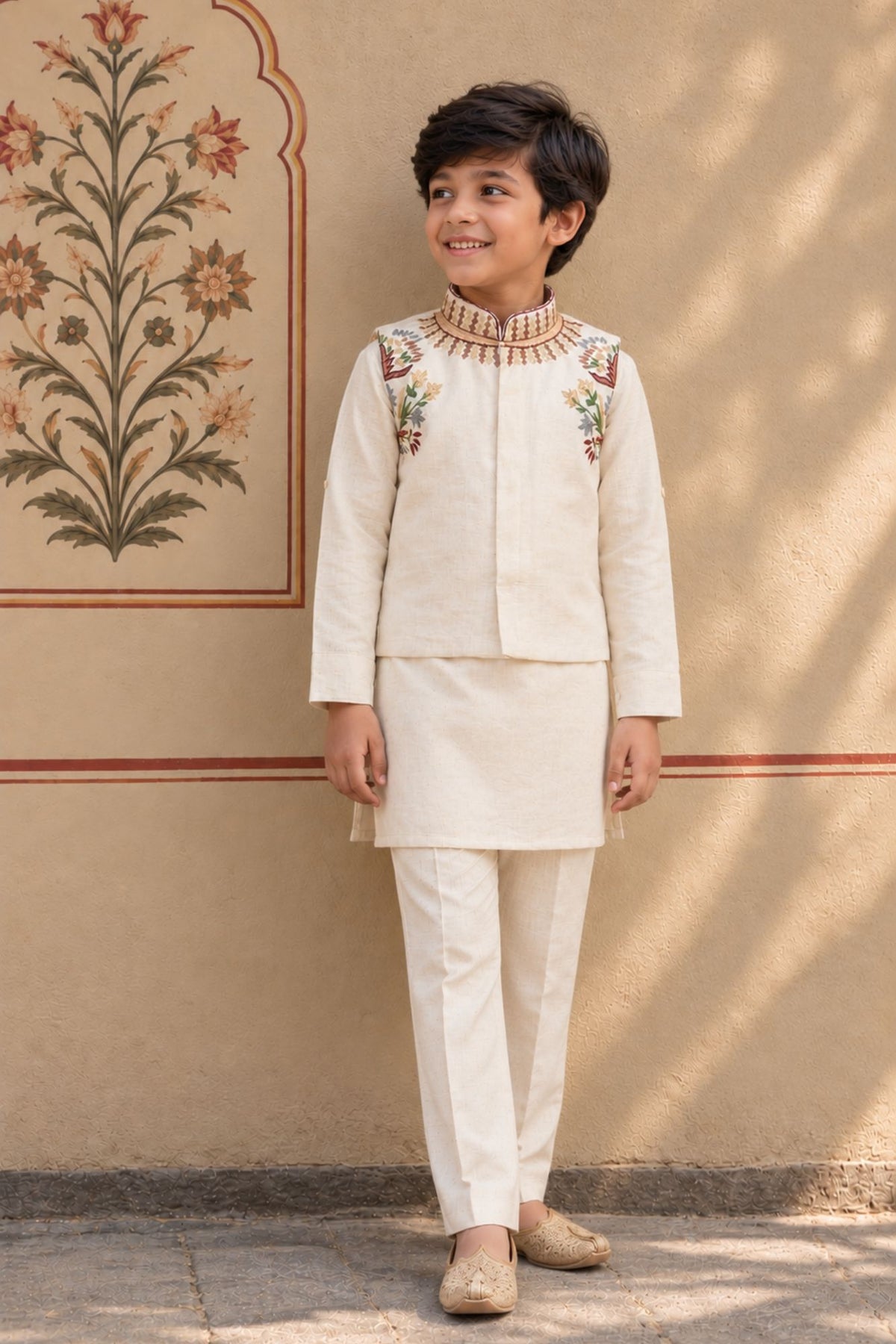 Ivory Embroidered Kurta Pajama Set With Jacket For Boys
