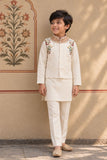 Ivory Embroidered Kurta Pajama Set With Jacket For Boys