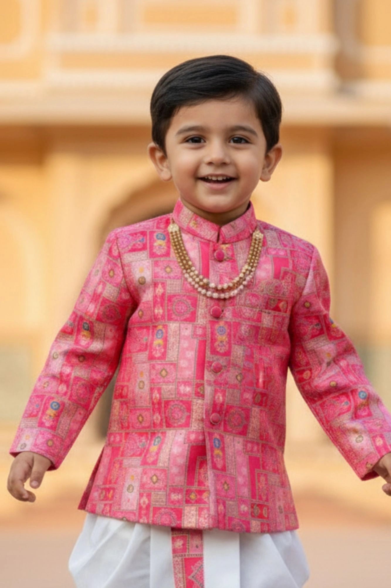 Pink Patchwork Printed Kurta And Dhoti  Set for Boys