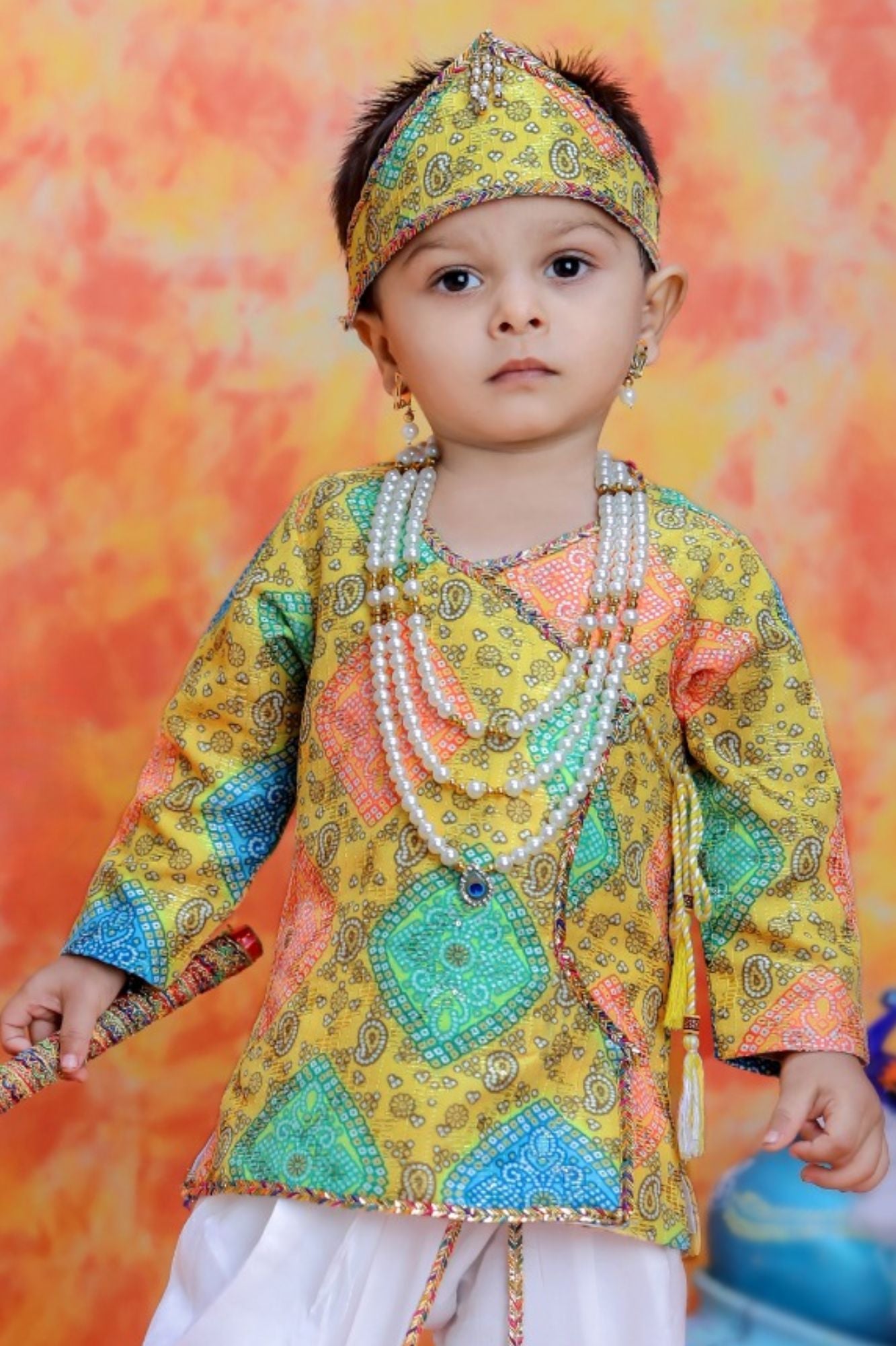 Mustard Yellow Krishna Janmashtami Dhoti Set with Bandhani-Inspired Print Kurta for Boys