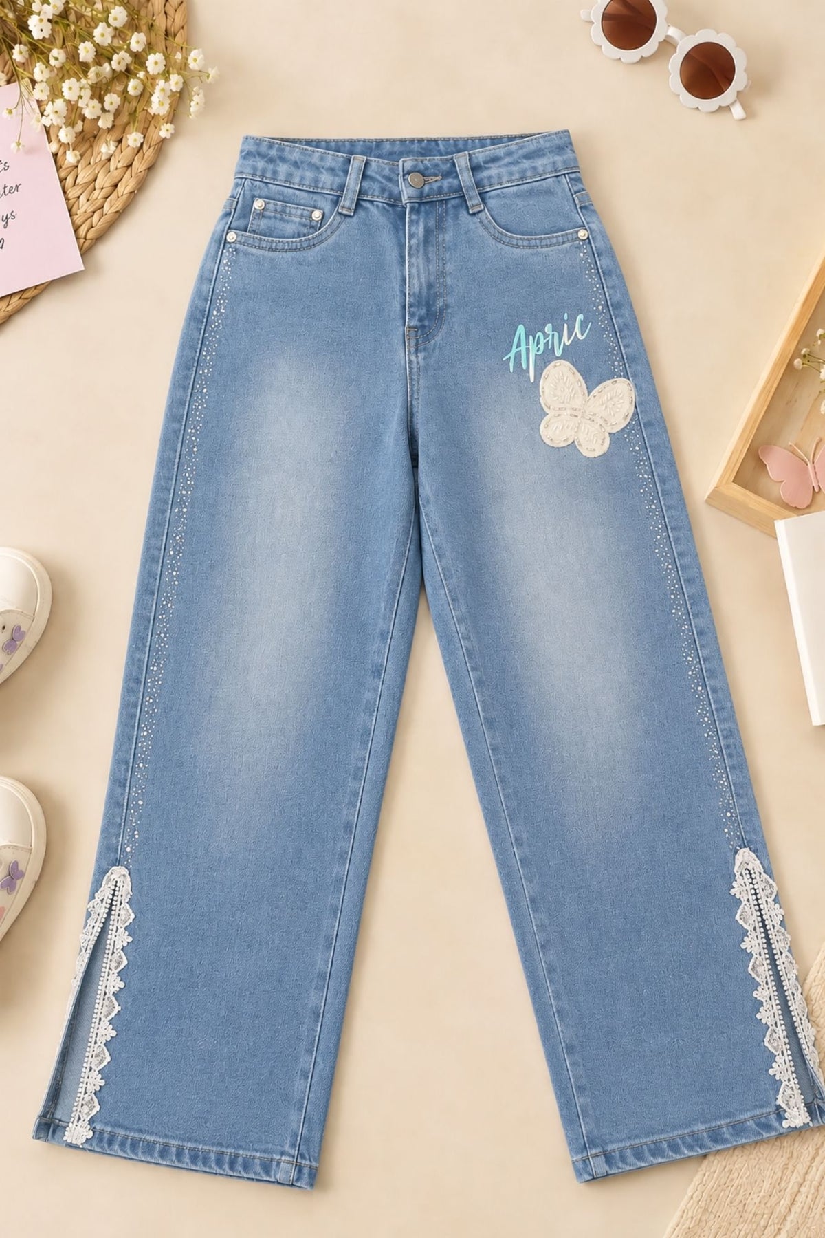 Girls Light Blue Butterfly Applique Lace Detail Wide Leg Denim Jeans
