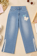 Girls Light Blue Butterfly Applique Lace Detail Wide Leg Denim Jeans