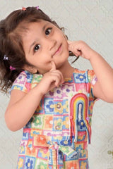 Vibrant Blue And Multicolor Printed Jumpsuit For Girls
