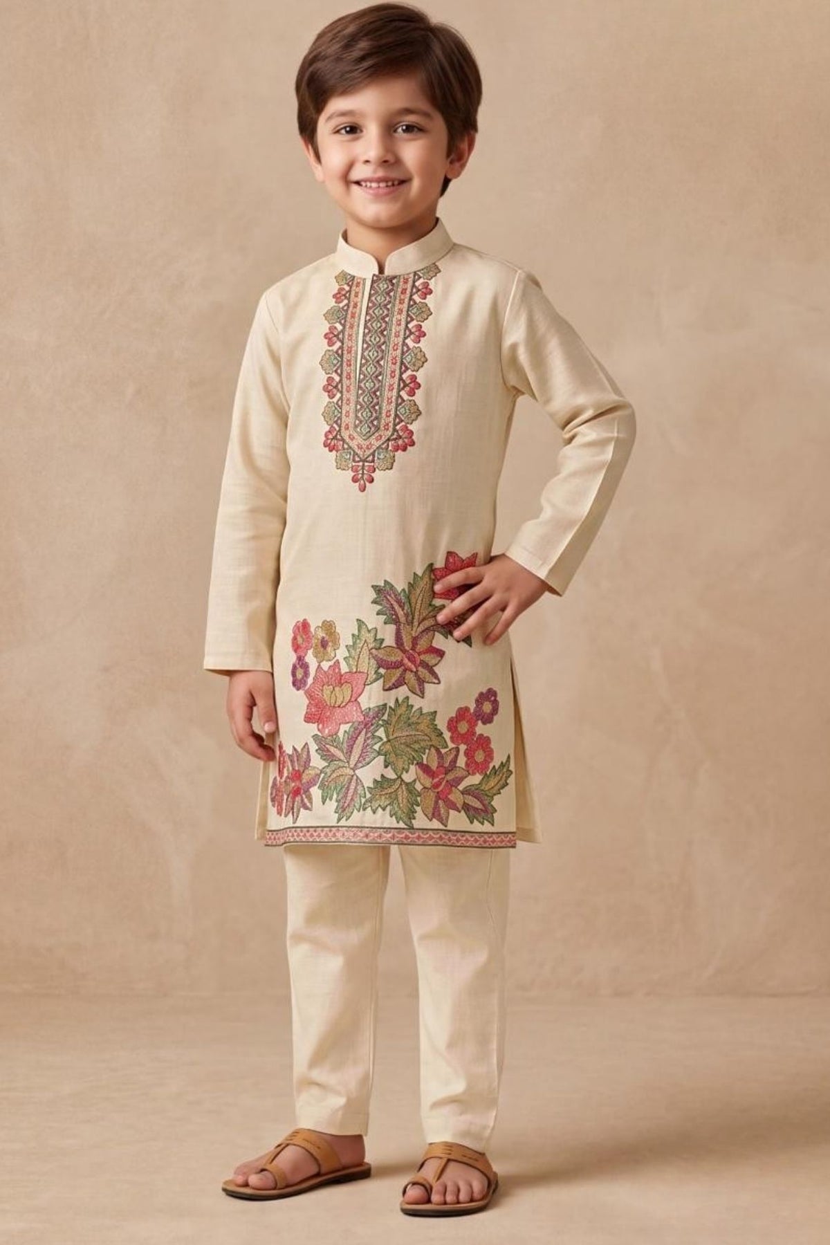 Boys Elegant Cream Floral Embroidered Kurta Set