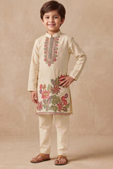 Boys Elegant Cream Floral Embroidered Kurta Set