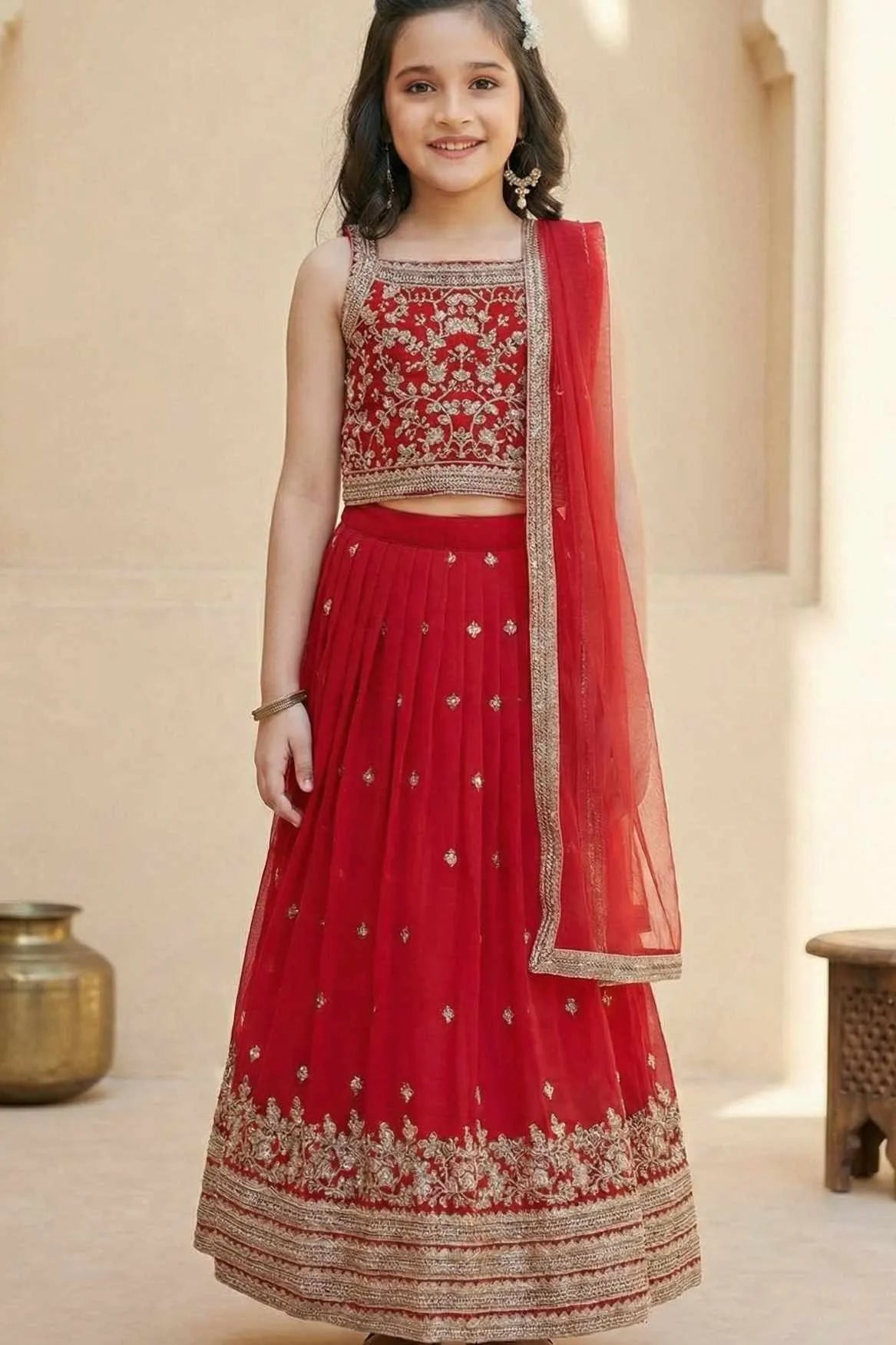 Red Embroidered Lehenga Choli with Dupatta For Girls