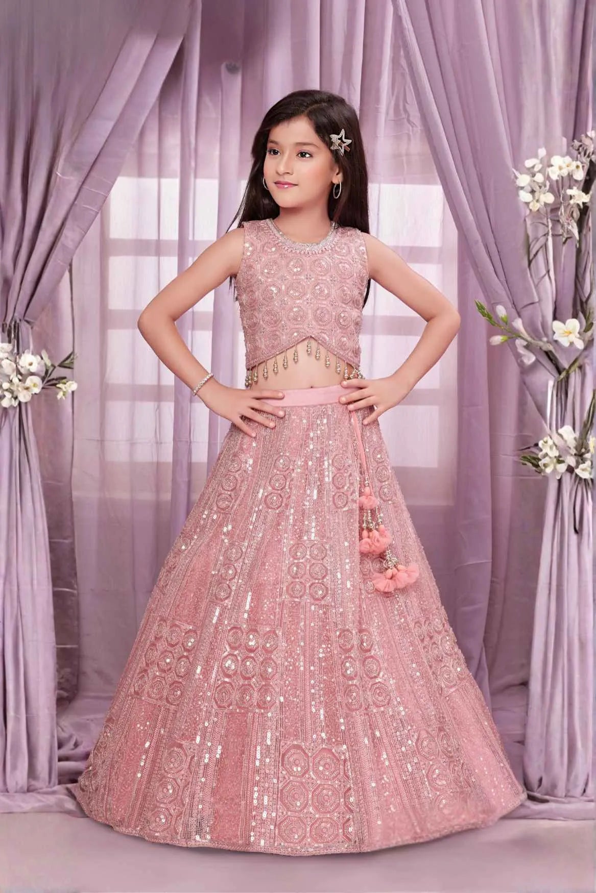 Blush Pink Heavy Sequin Embroidered Lehenga Choli Set For Girls