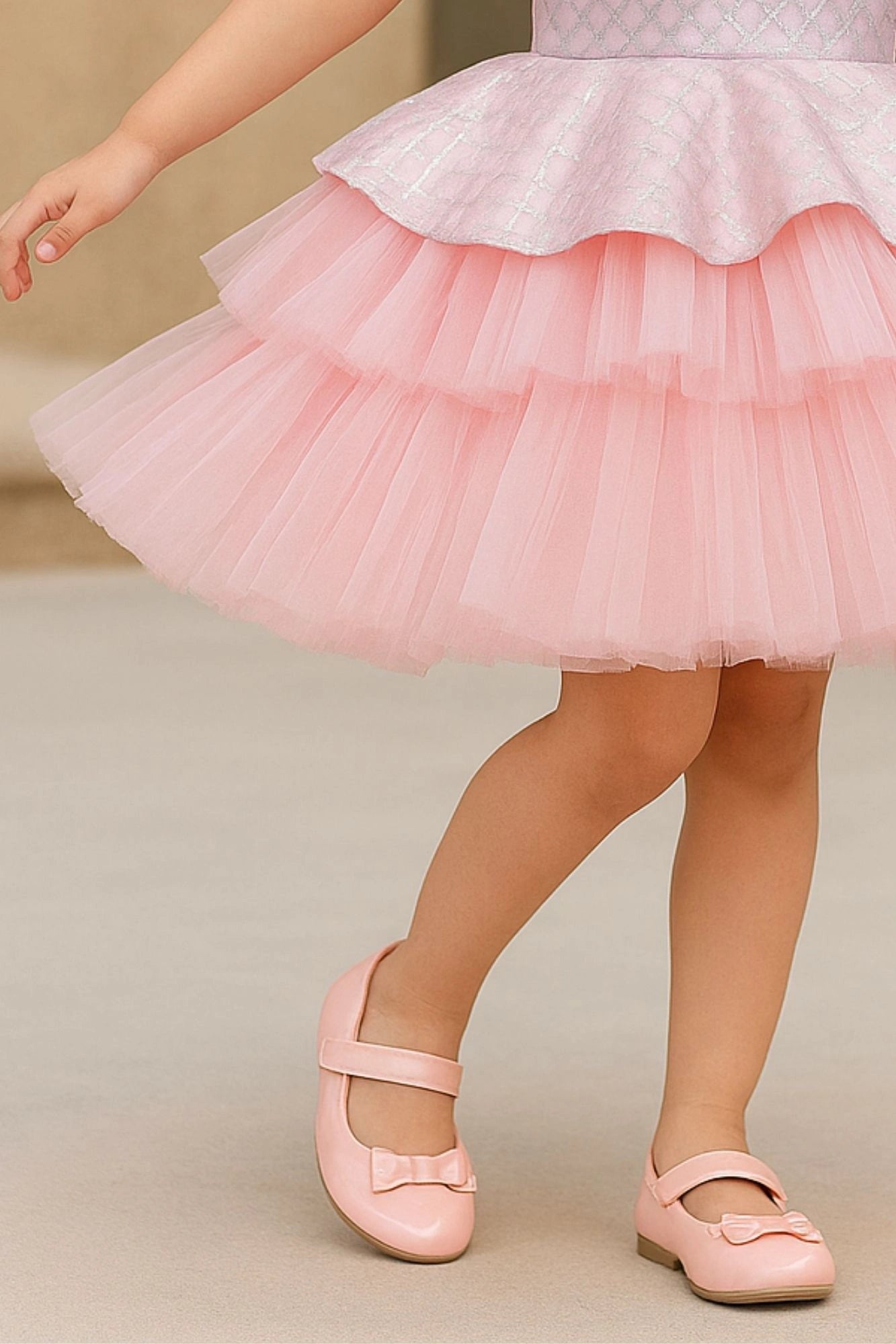 Pink & Silver Layered Sequins Embroidered Party Frock with Shoulder Bow For Girls