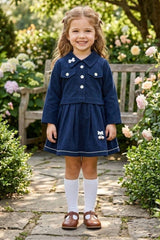 Girls Navy Blue Stylish Bow-Detail Top and Pleated Skirt Set