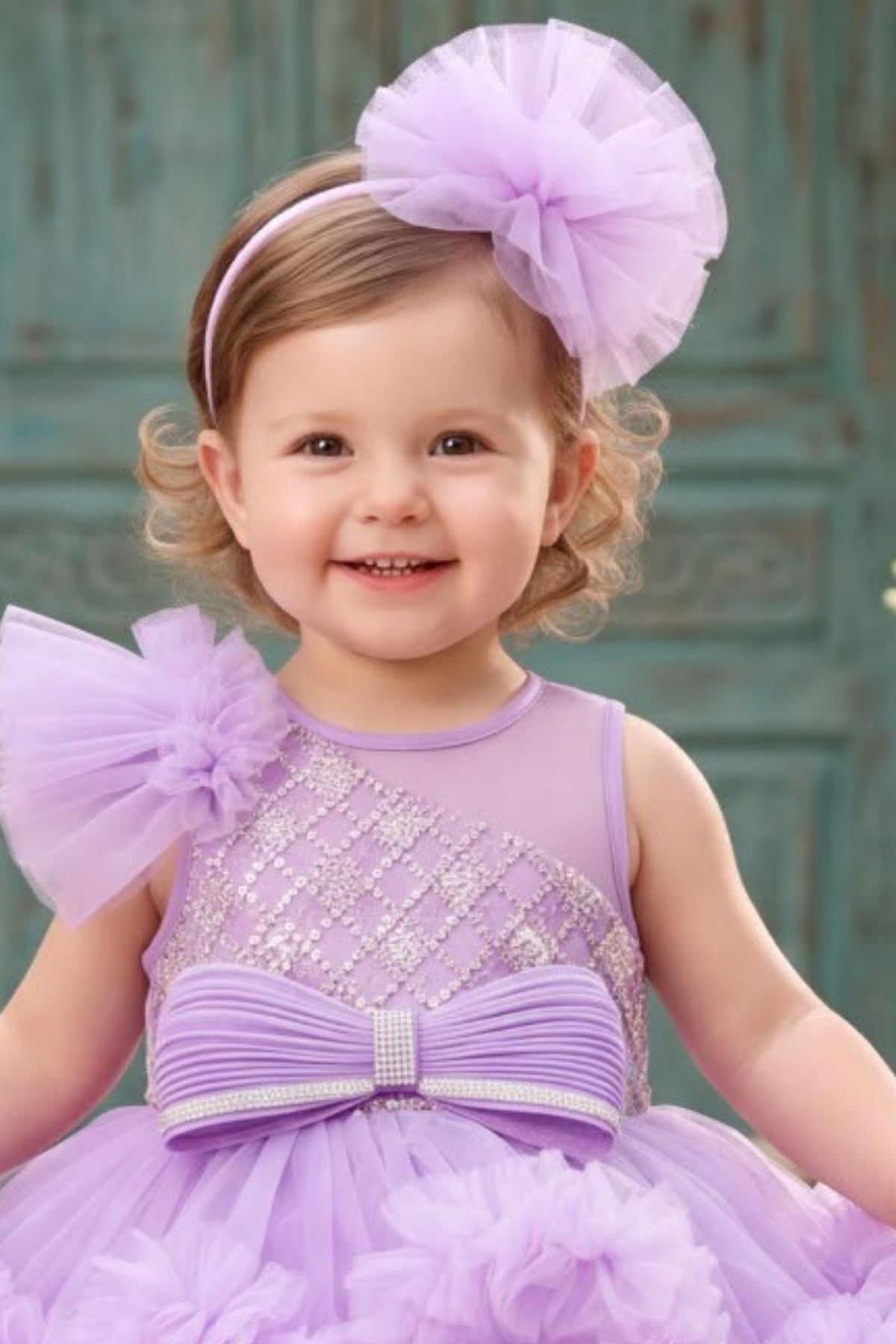 Girls Lavender Floral Net High-Low Party Frock