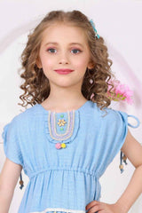 Light Blue Pom-Pom Cotton Frock with Embroidered Yoke For Girls