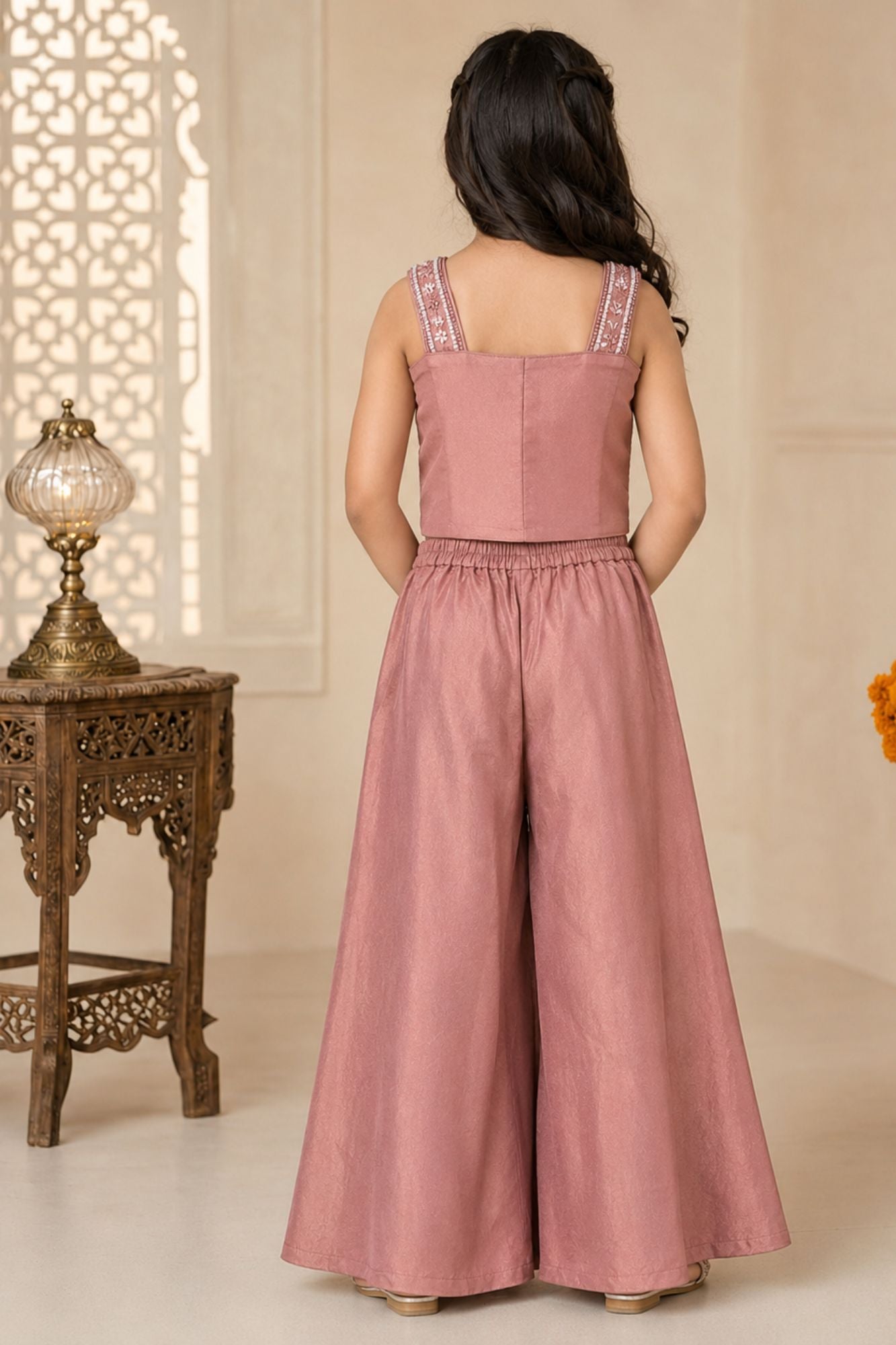 Blush Pink Floral Motif Sequined Crop Top with Palazzo Set and Dupatta