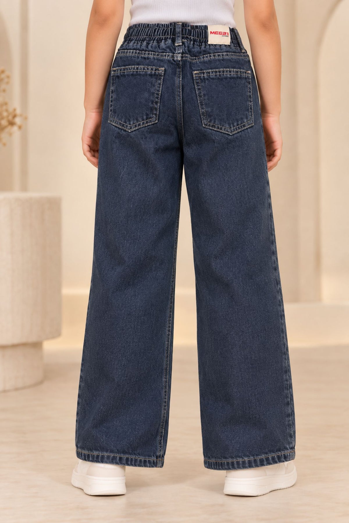Blue Washed Straight Fit Denim Jeans with Drawstring Waist For Girls