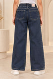 Blue Washed Straight Fit Denim Jeans with Drawstring Waist For Girls