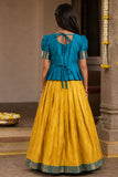 Girls Olive Green and Teal Blue Embroidered Pattu Pavadai Set with Dupatta
