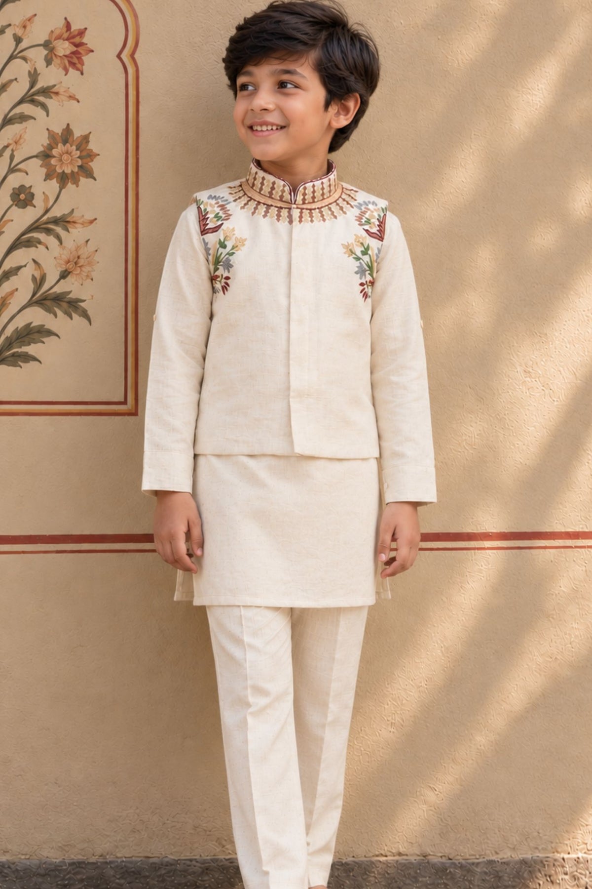 Ivory Embroidered Kurta Pajama Set With Jacket For Boys
