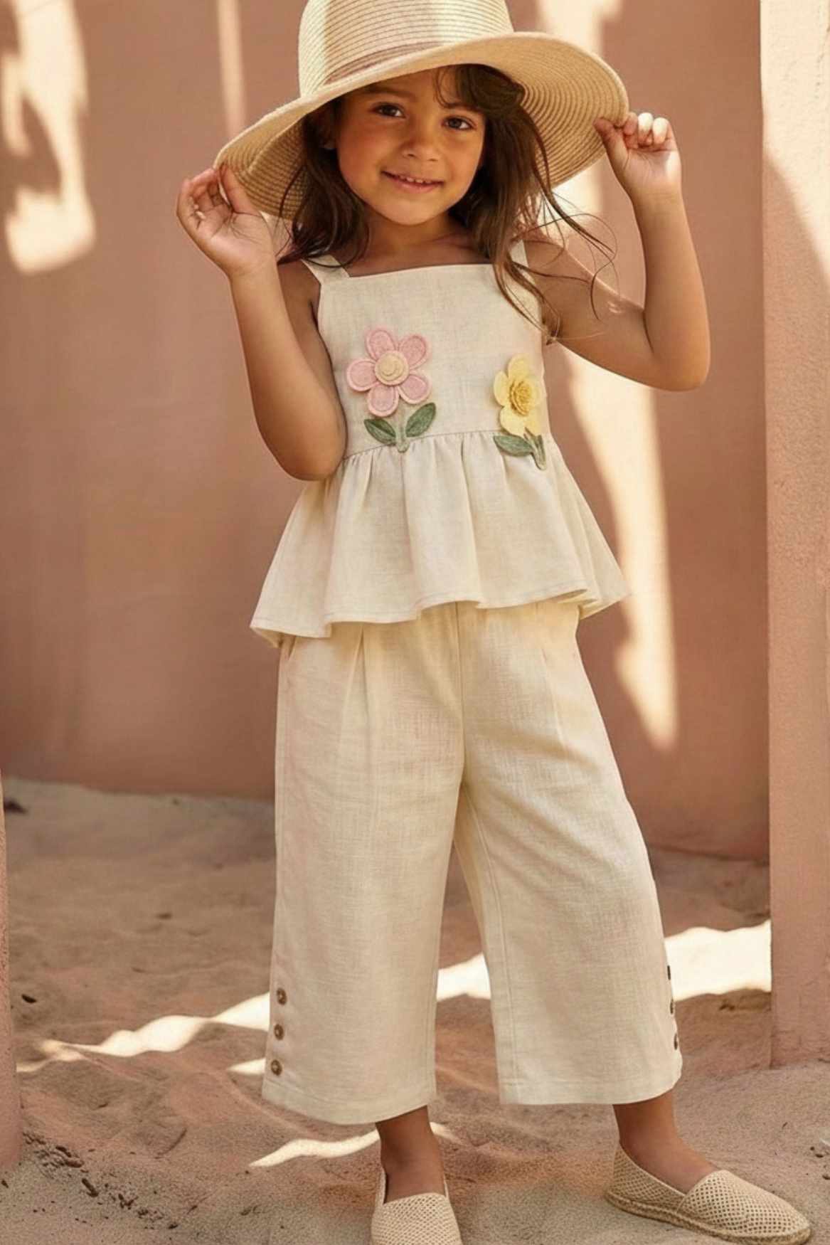Cream Floral Appliqué And Palazzo Set For Girls