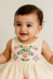 Cream Sleeveless Embroidered Frock With Butterfly Motifs & Pearls For Girls