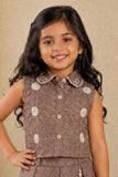 Girls Brown Floral Print Pleated Skirt Set with Peter Pan Collar Top And Tassel Charm