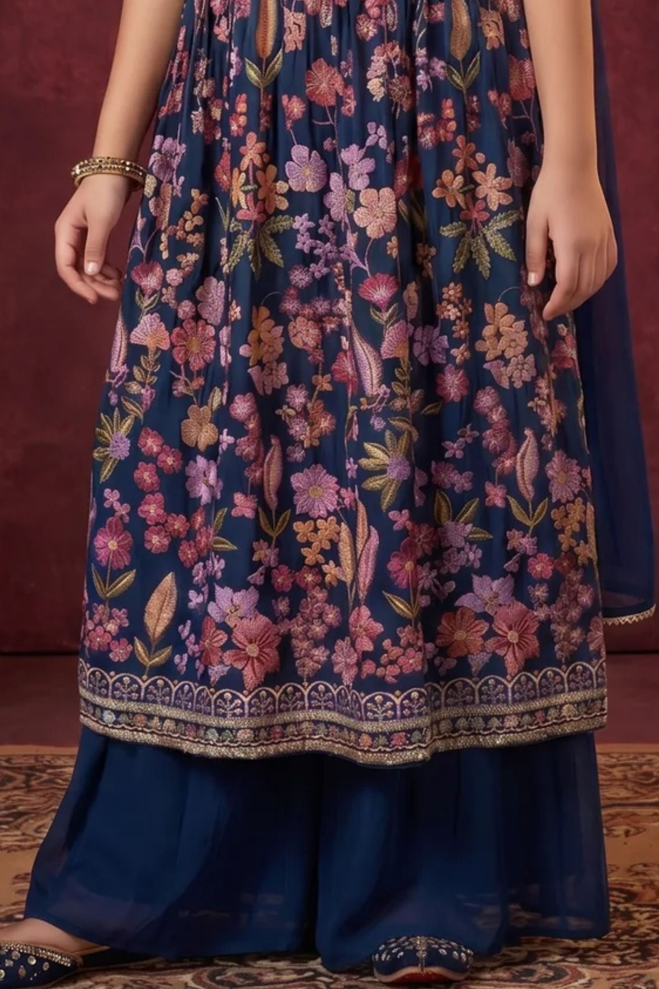 Girls Navy Blue Floral Printed Ethnic Palazo Set with Dupatta