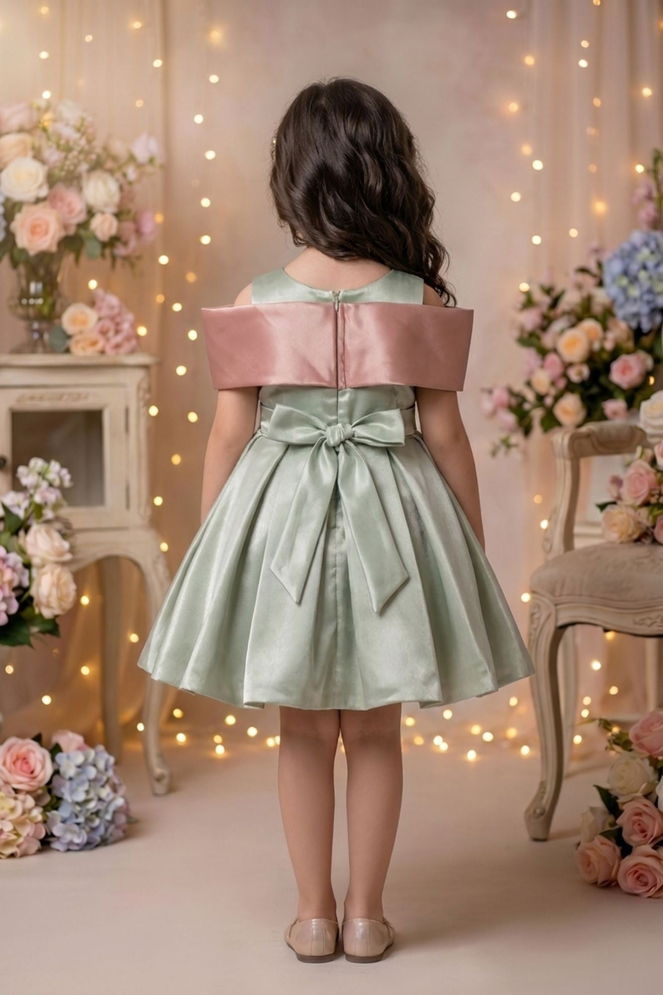 Girls Sage Green Satin Party Dress with Oversized Bow - 6-12M(16)