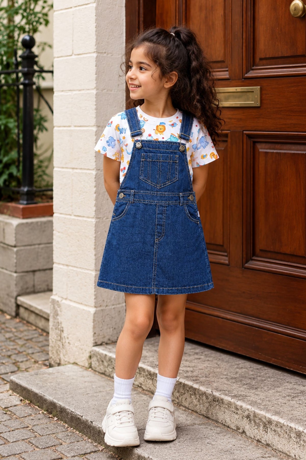 Girls Blue Denim Dungaree  Set with Printed Tee