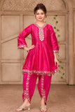 Girls Rani Pink Mirror Work Peplum Dhoti Set with Dupatta