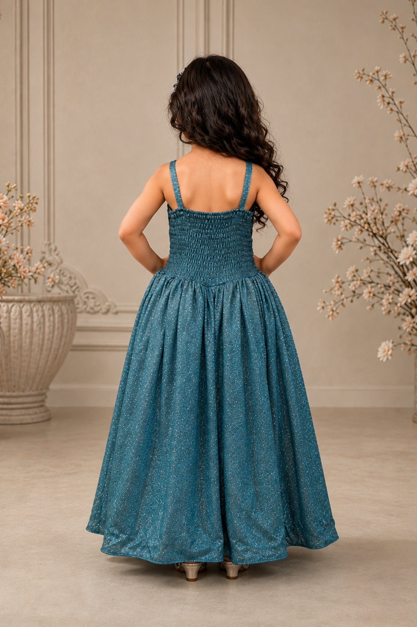 Girls Teal Blue Shimmer Flared Party Gown