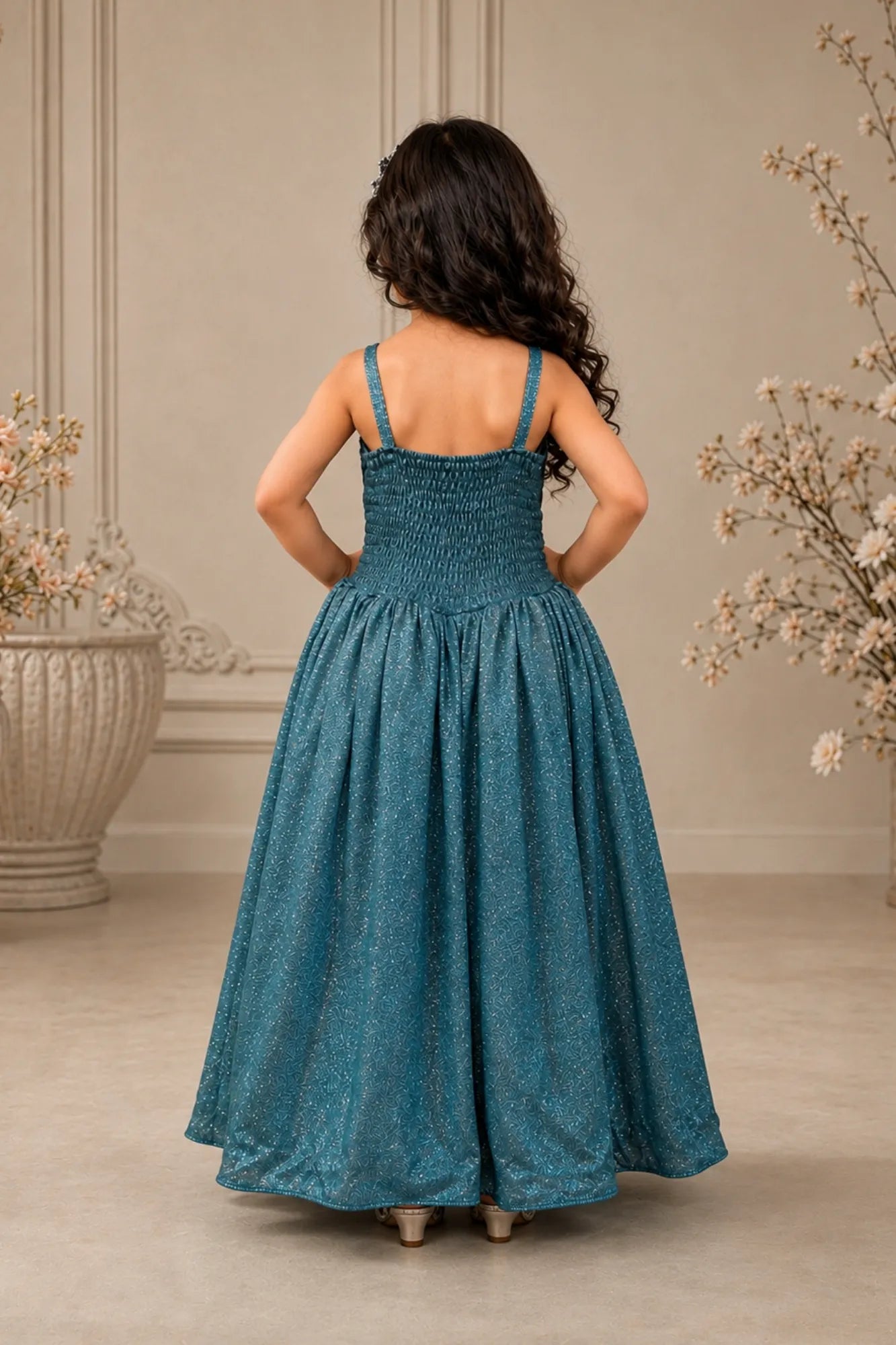 Girls Teal Blue Shimmer Flared Party Gown